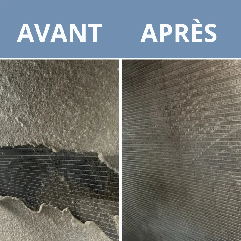 Batterie d'échange encrassée avant un nettoyage HECO-Clean, puis propre après intervention