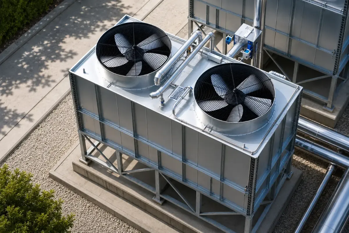 Dry cooler industriel en extérieur avec ventilateurs axiaux et tuyauteries