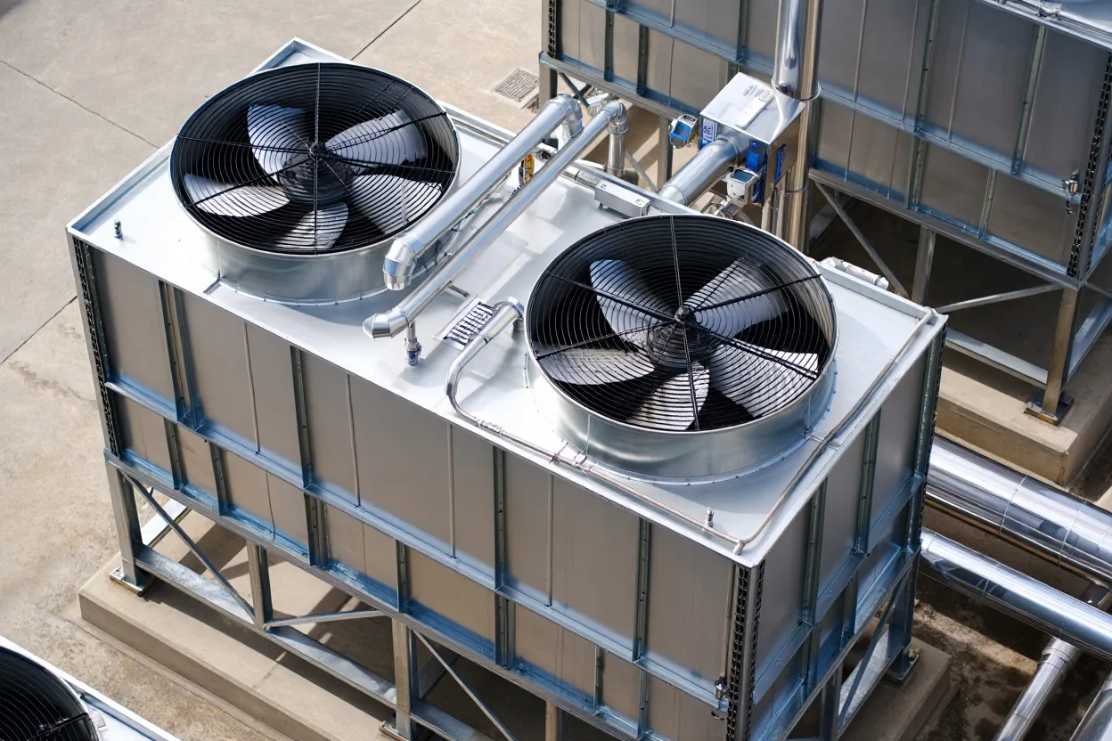 Dry cooler industriel équipé de deux ventilateurs axiaux et raccordé à un réseau de tuyauteries