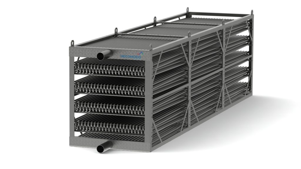 Échangeur thermique industriel Hecomodo à tubes ailetés individuels, avec faisceaux métalliques et structure en acier.