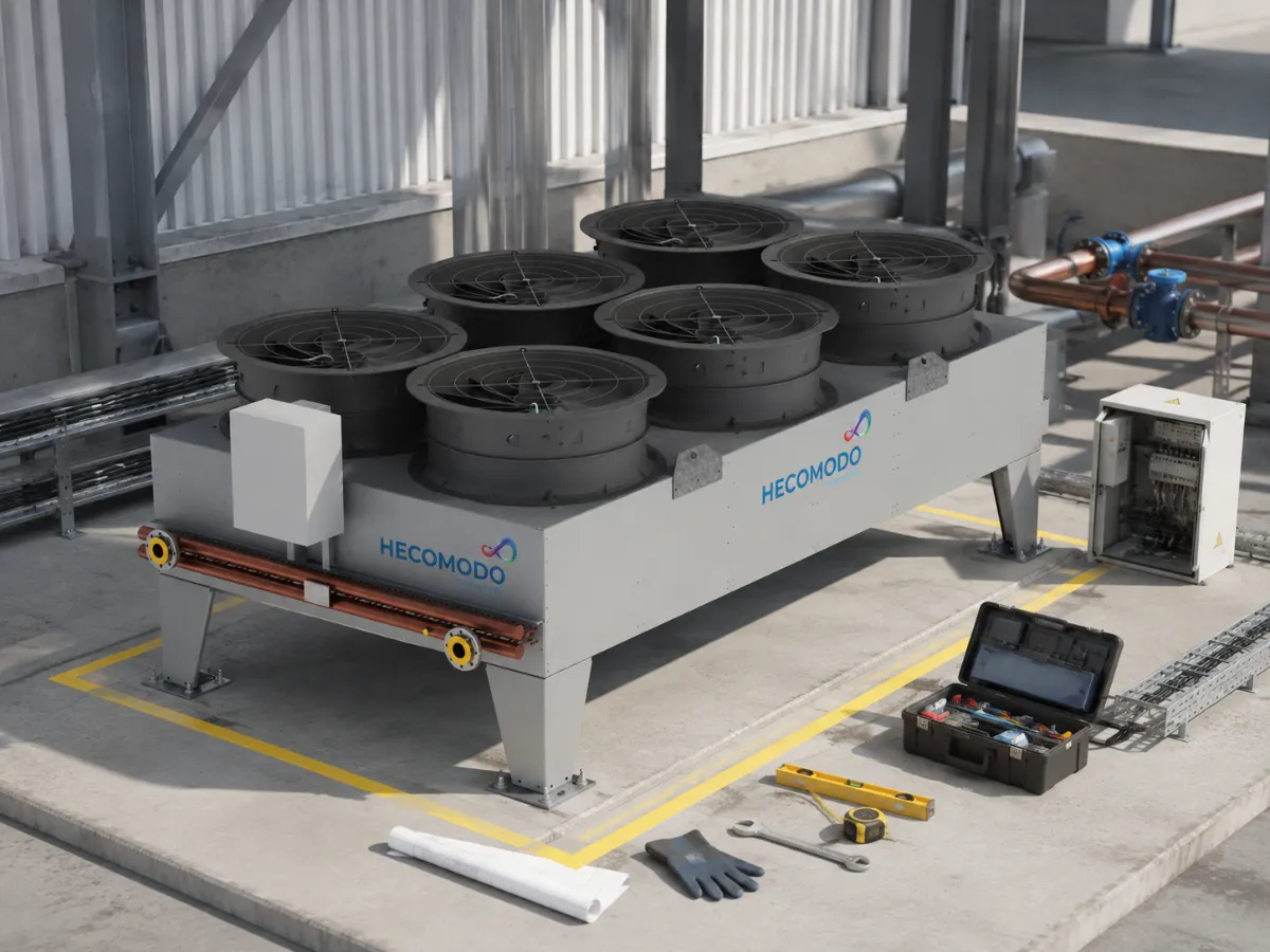 Dry cooler Hecomodo installé sur site, raccordements et coffret électrique