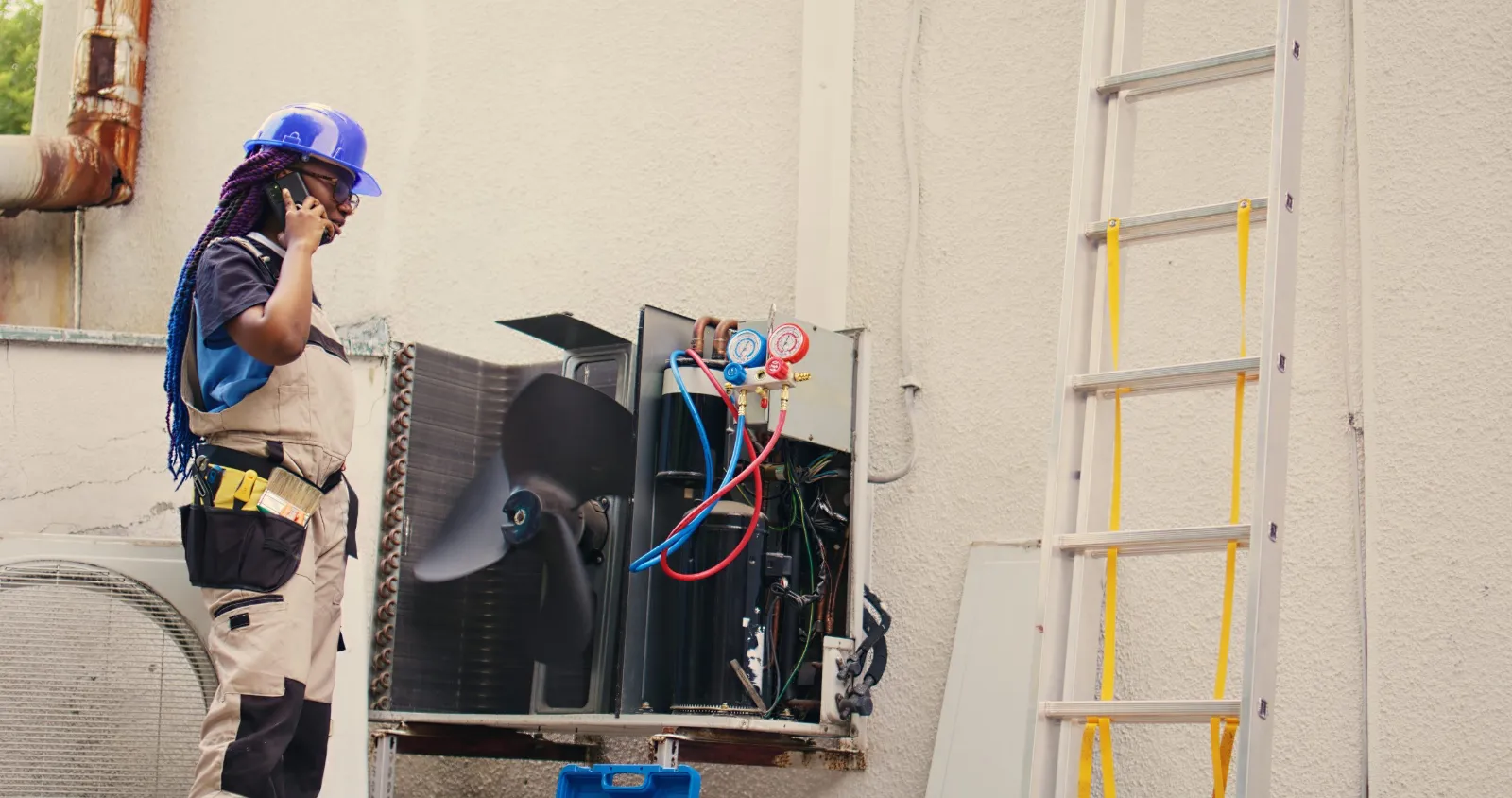 technicienne réalisant un contrôle sur un aéroréfrigérant industriel en location